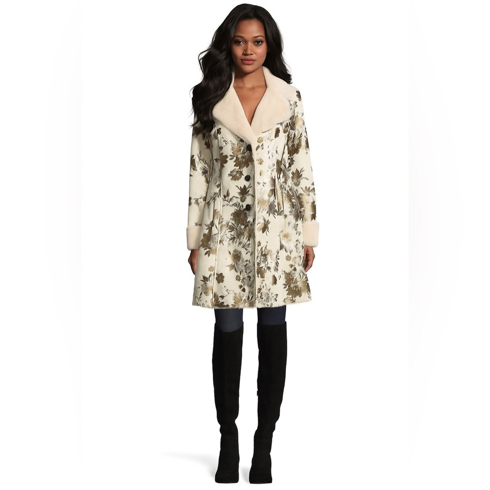 Boston Proper Faux Suede Shearling Coat Floral Print S